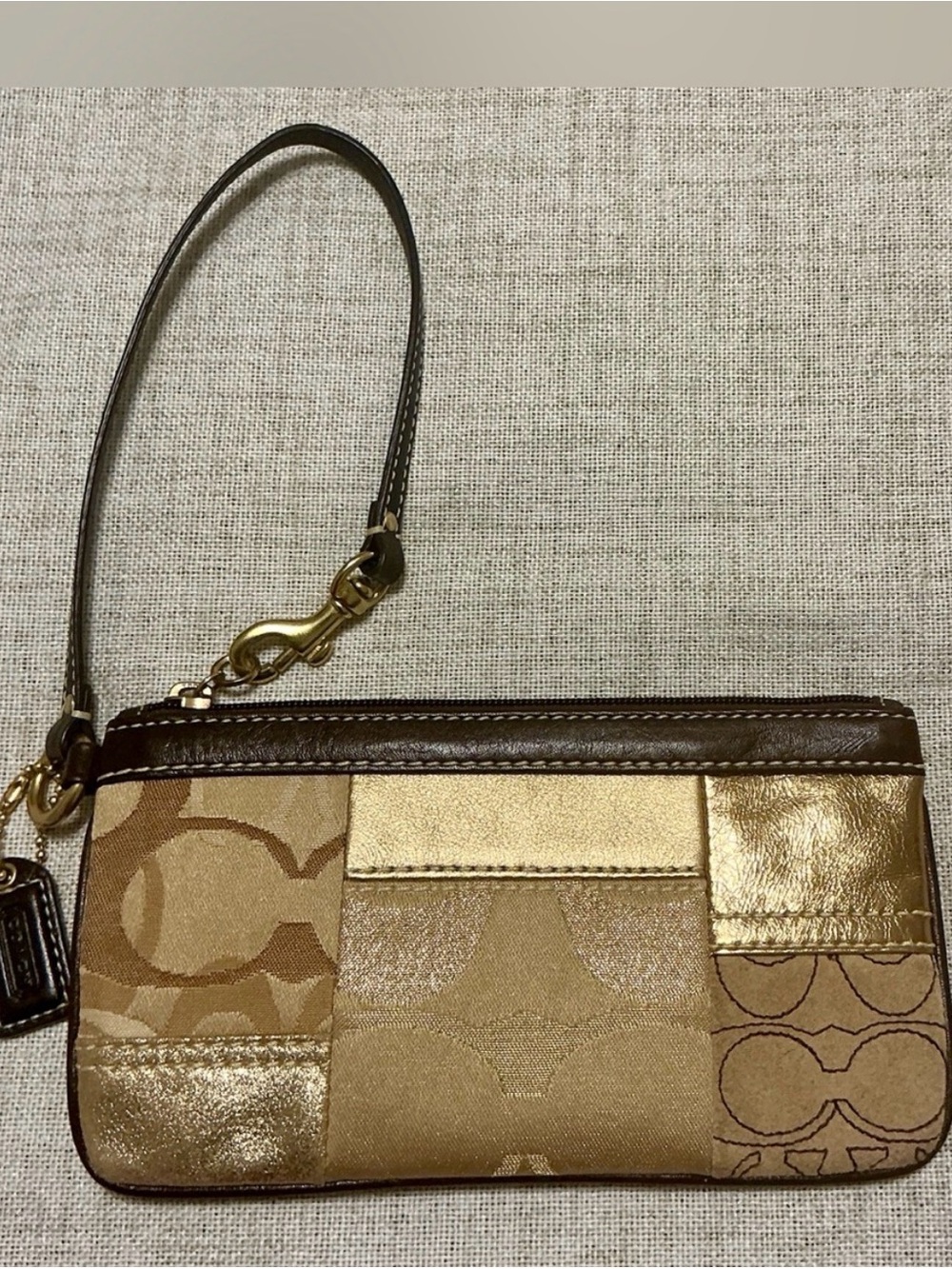Coach Patchwork Metallic Wristlet in Gold and Brown